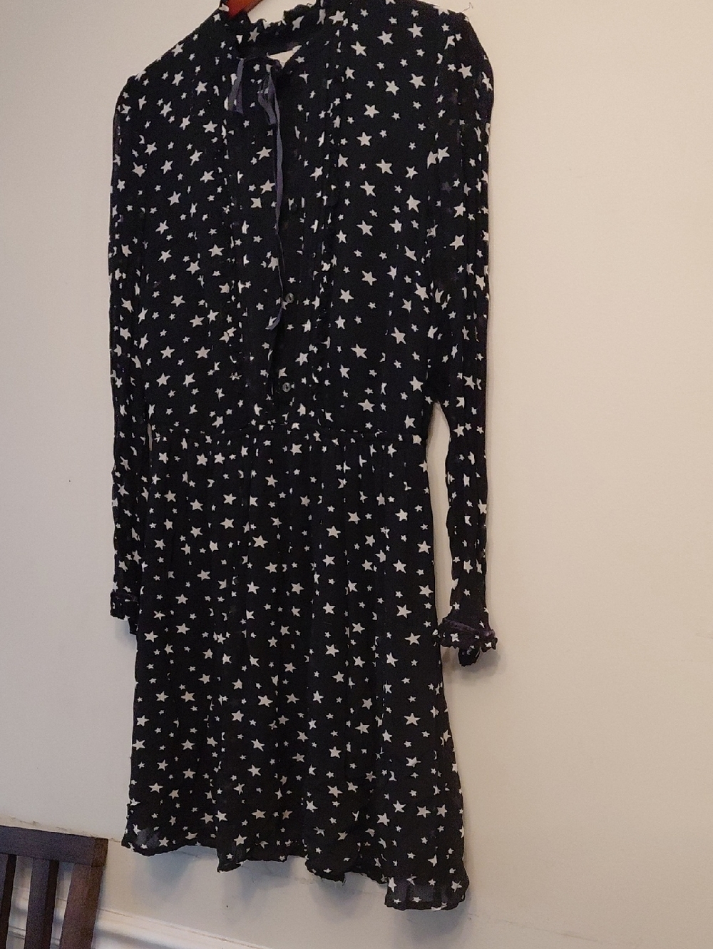 Ralph Lauren Black Star-Pattern Long Sleeve Tie-Neck Dress
